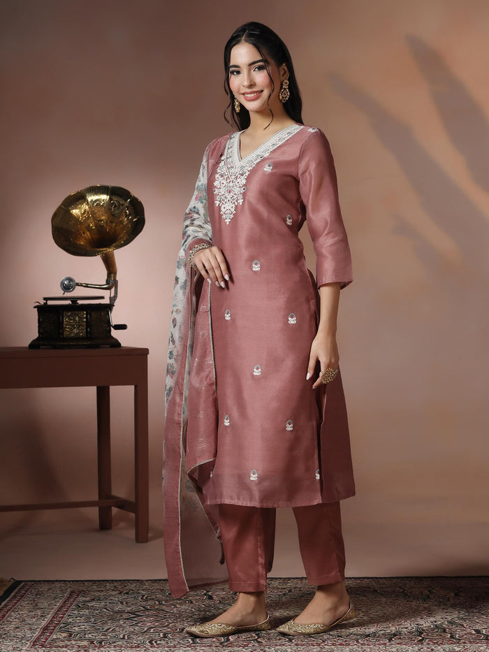 Women Silk Blend Peach Embroidered Kurta Comfort Pant With Dupatta.