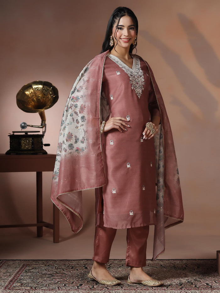 Women Silk Blend Peach Embroidered Kurta Comfort Pant With Dupatta.
