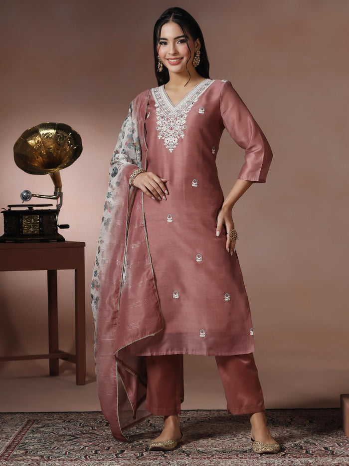 Women Silk Blend Peach Embroidered Kurta Comfort Pant With Dupatta.