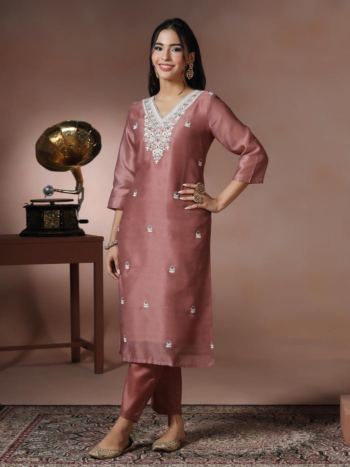 Women Silk Blend Peach Embroidered Kurta Comfort Pant With Dupatta.