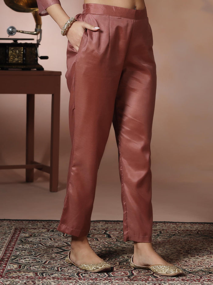 Women Silk Blend Peach Embroidered Kurta Comfort Pant With Dupatta.