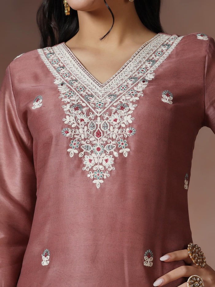 Women Silk Blend Peach Embroidered Kurta Comfort Pant With Dupatta.