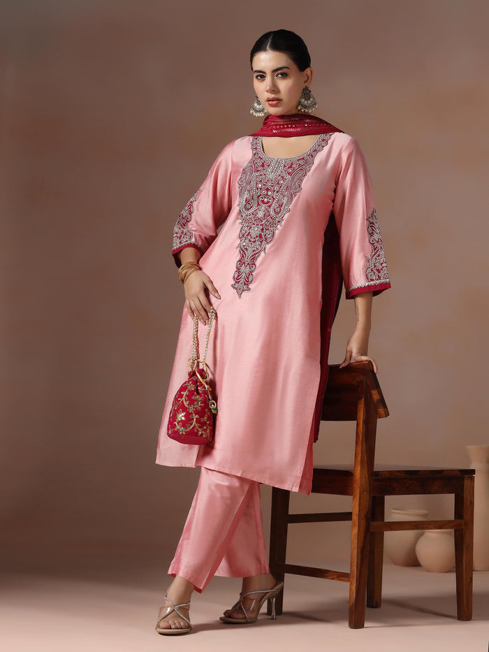 Women Silk Blend Pink Embroidered Kurta Comfort Pant Chanderi Dupatta.