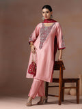 Women Silk Blend Pink Embroidered Kurta Comfort Pant Chanderi Dupatta.