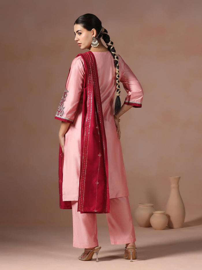 Women Silk Blend Pink Embroidered Kurta Comfort Pant Chanderi Dupatta.