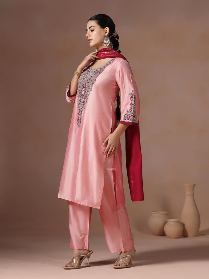 Women Silk Blend Pink Embroidered Kurta Comfort Pant Chanderi Dupatta.