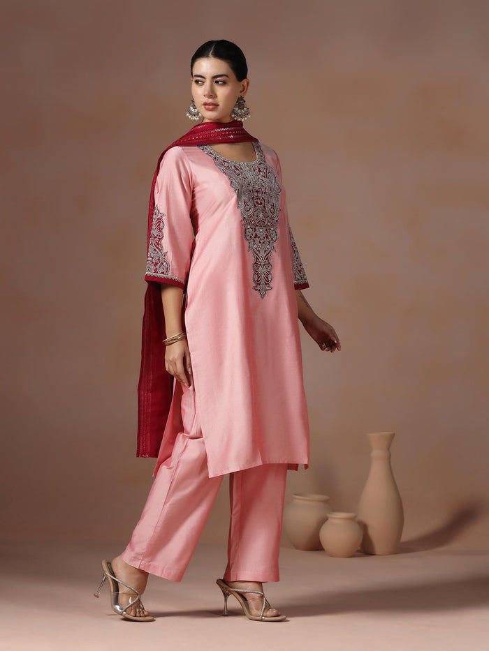 Women Silk Blend Pink Embroidered Kurta Comfort Pant Chanderi Dupatta.