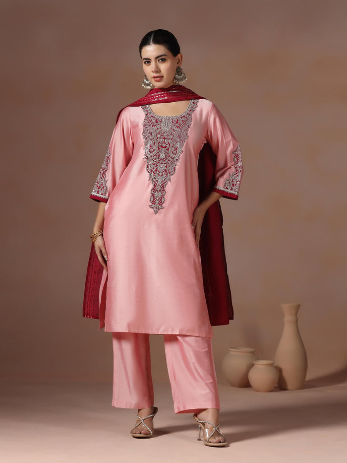 Women Silk Blend Pink Embroidered Kurta Comfort Pant Chanderi Dupatta.