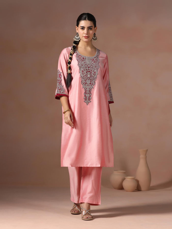 Women Silk Blend Pink Embroidered Kurta Comfort Pant Chanderi Dupatta.