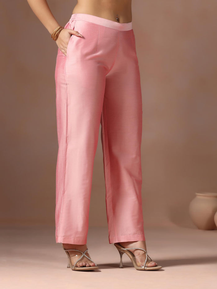 Women Silk Blend Pink Embroidered Kurta Comfort Pant Chanderi Dupatta.