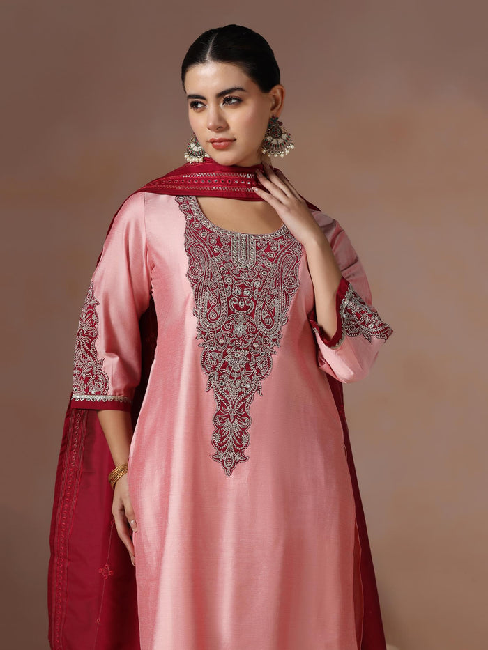 Women Silk Blend Pink Embroidered Kurta Comfort Pant Chanderi Dupatta.