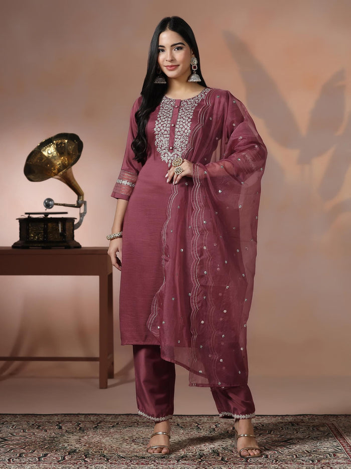 Women Silk Blend Pink Embroidered Kurta Comfort Pant Dupatta.