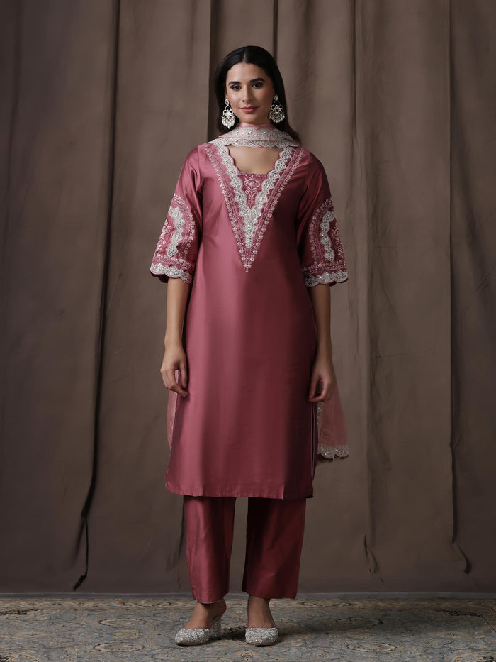 Women Silk Blend Pink Embroidered Kurta Comfort Pant Dupatta.