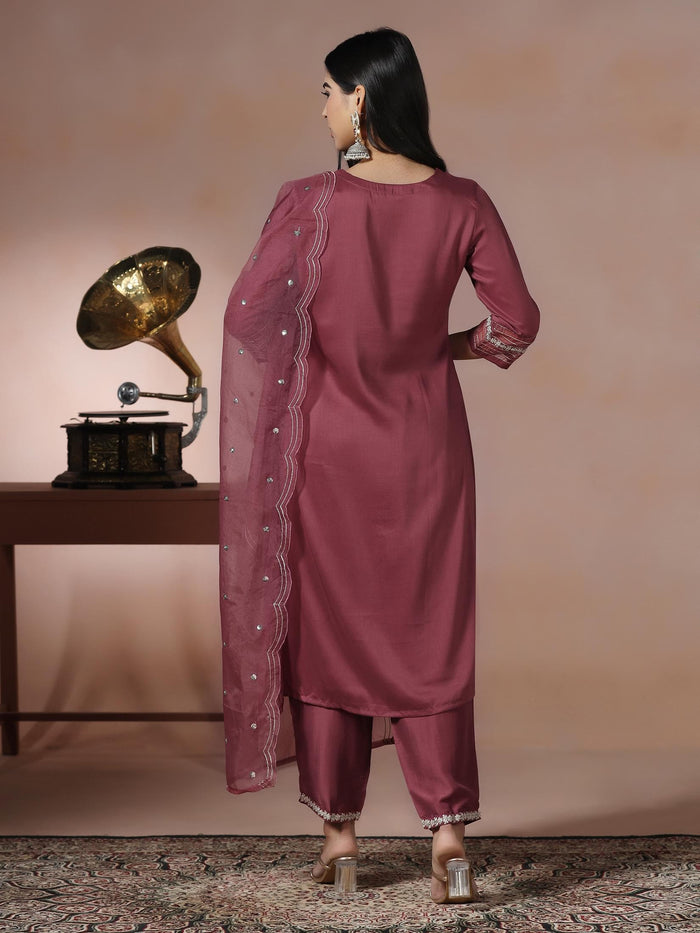 Women Silk Blend Pink Embroidered Kurta Comfort Pant Dupatta.