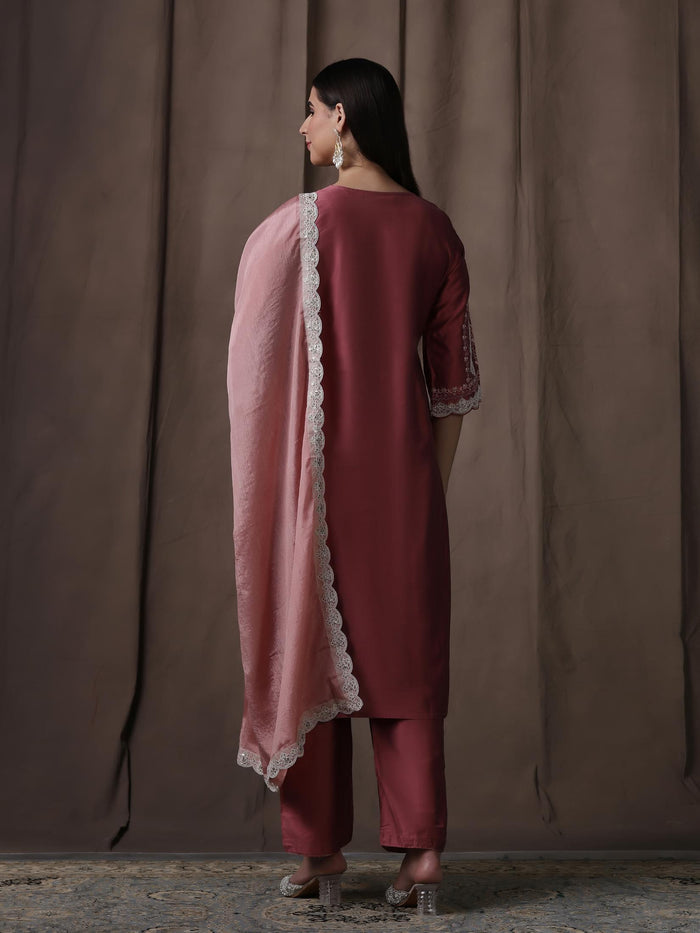 Women Silk Blend Pink Embroidered Kurta Comfort Pant Dupatta.