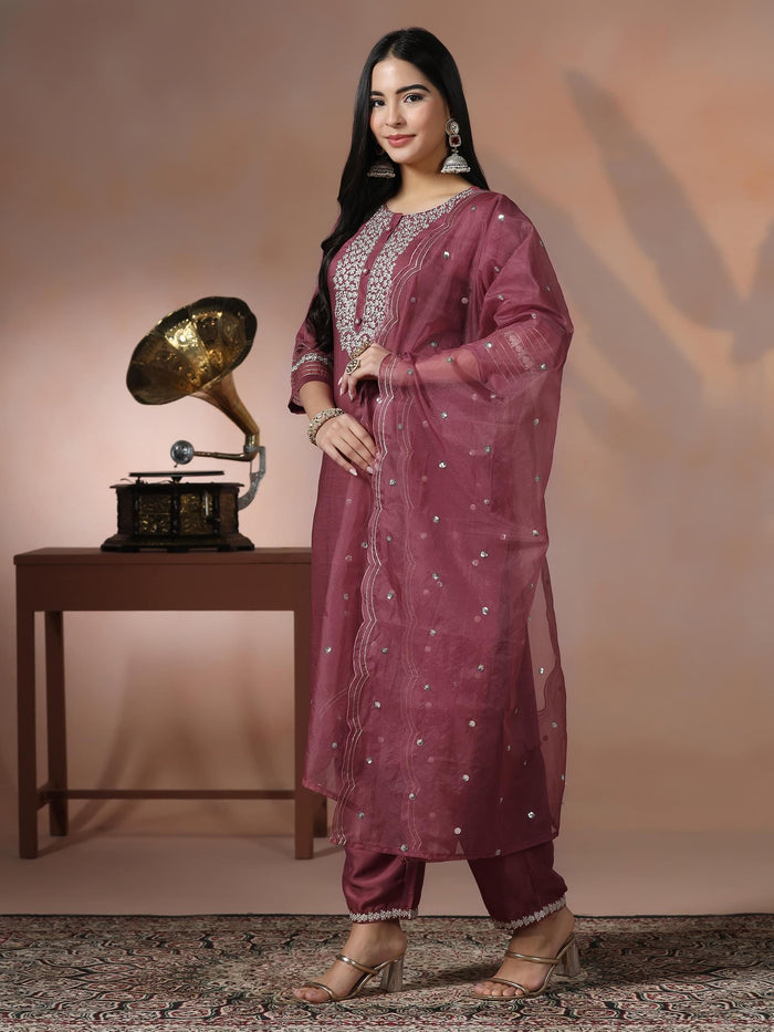 Women Silk Blend Pink Embroidered Kurta Comfort Pant Dupatta.