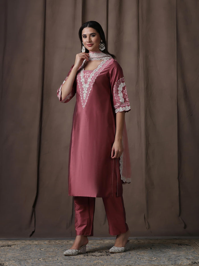 Women Silk Blend Pink Embroidered Kurta Comfort Pant Dupatta.