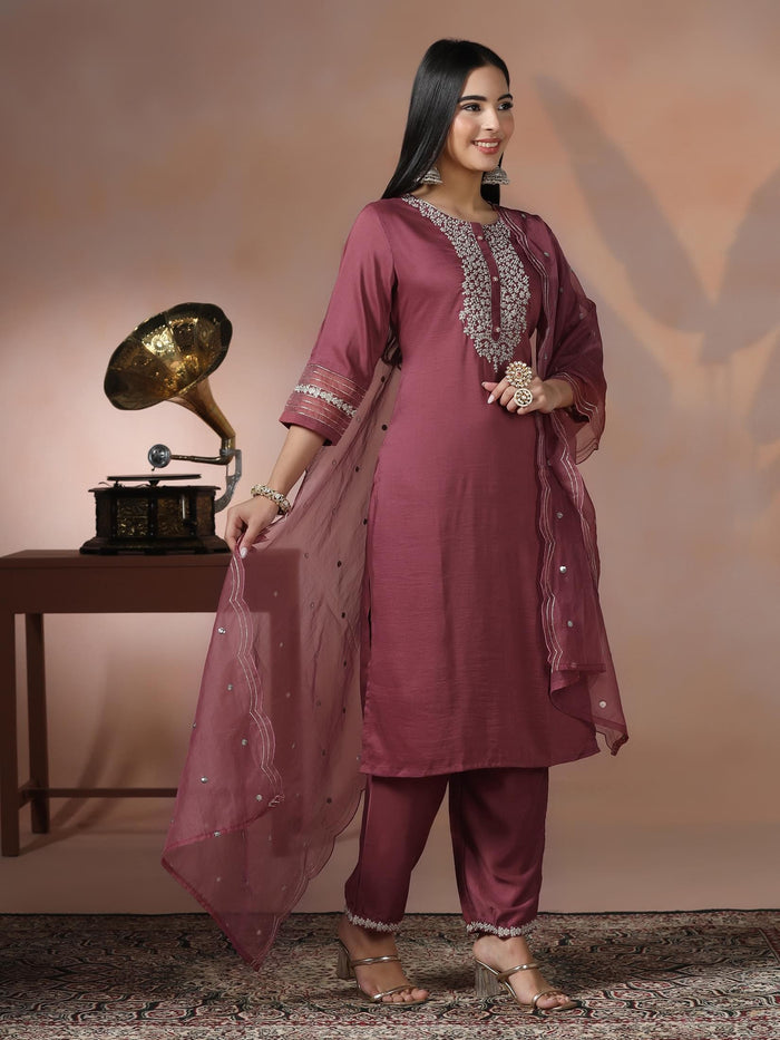 Women Silk Blend Pink Embroidered Kurta Comfort Pant Dupatta.