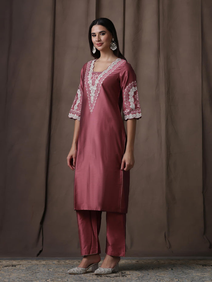 Women Silk Blend Pink Embroidered Kurta Comfort Pant Dupatta.