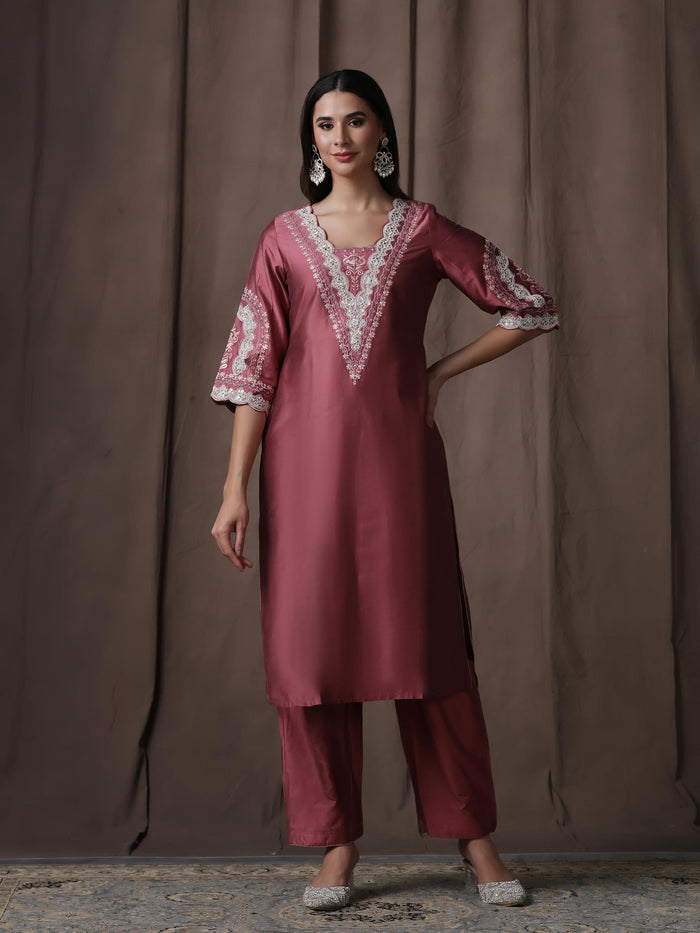 Women Silk Blend Pink Embroidered Kurta Comfort Pant Dupatta.
