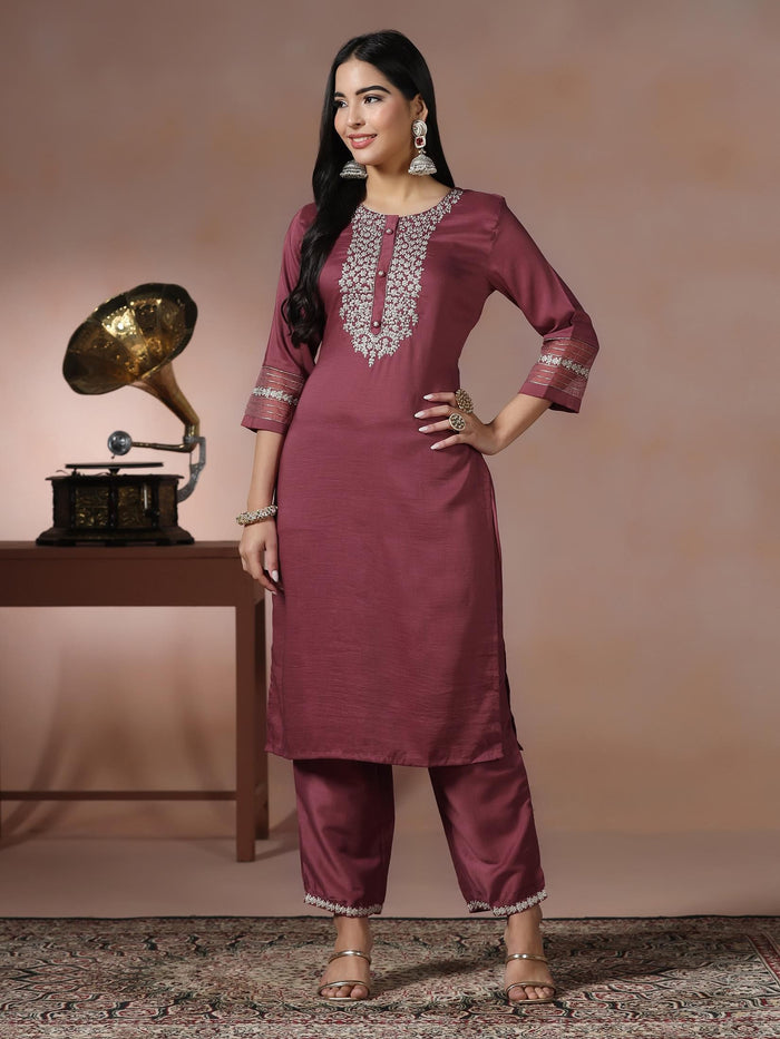 Women Silk Blend Pink Embroidered Kurta Comfort Pant Dupatta.