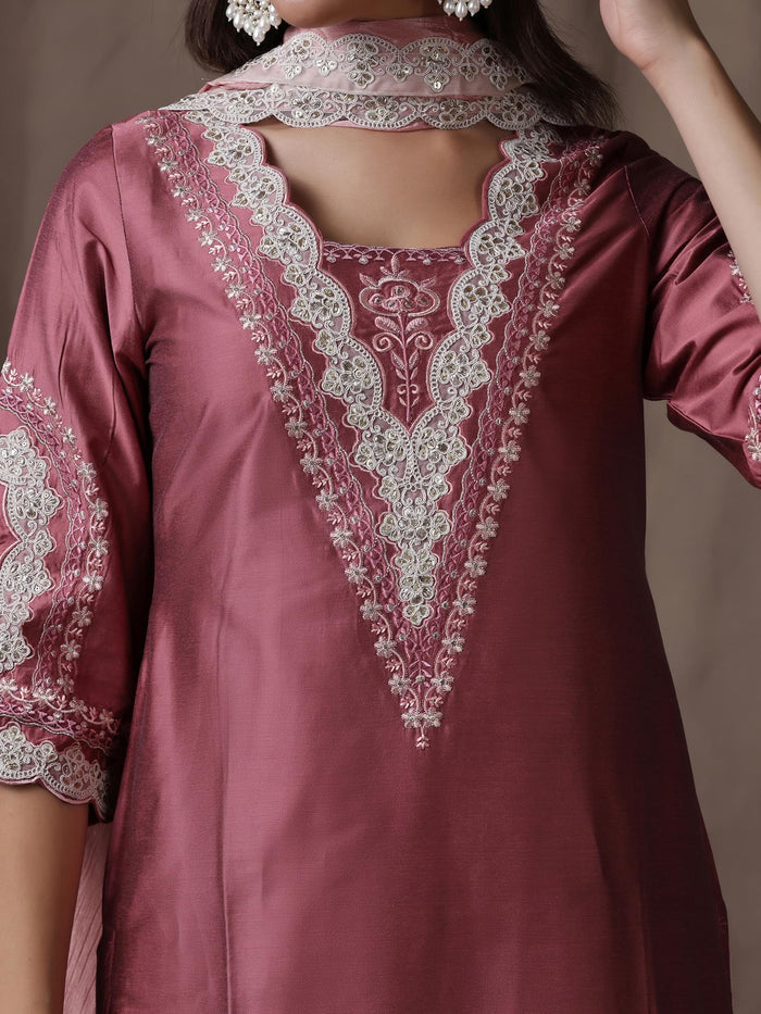 Women Silk Blend Pink Embroidered Kurta Comfort Pant Dupatta.