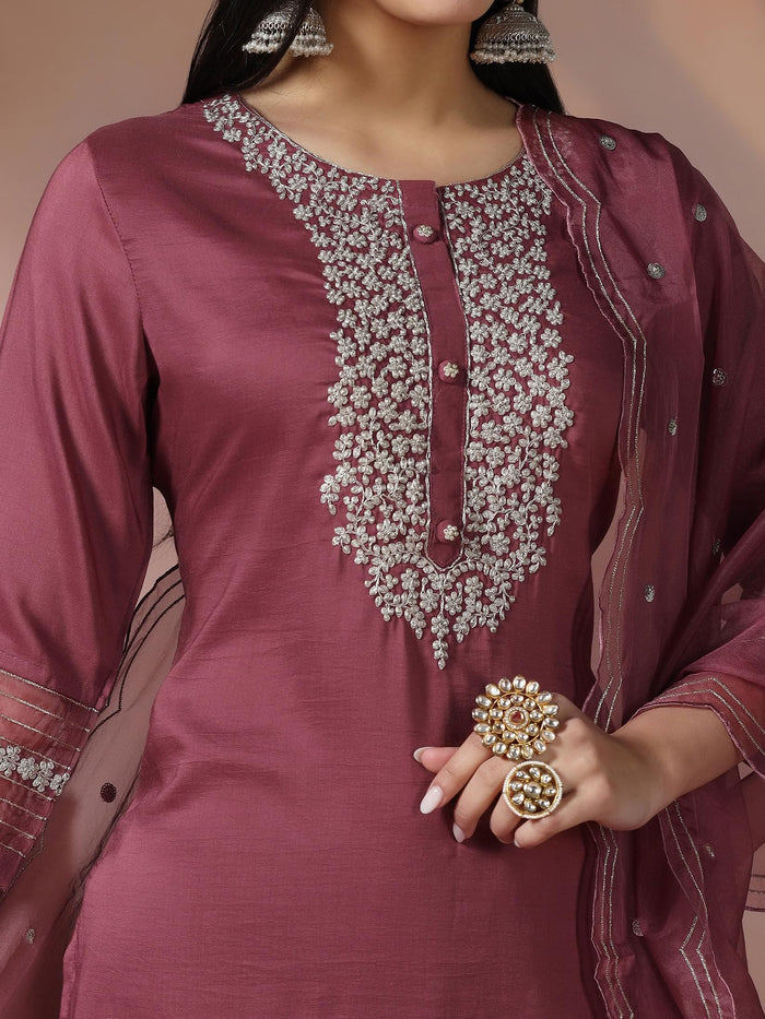 Women Silk Blend Pink Embroidered Kurta Comfort Pant Dupatta.