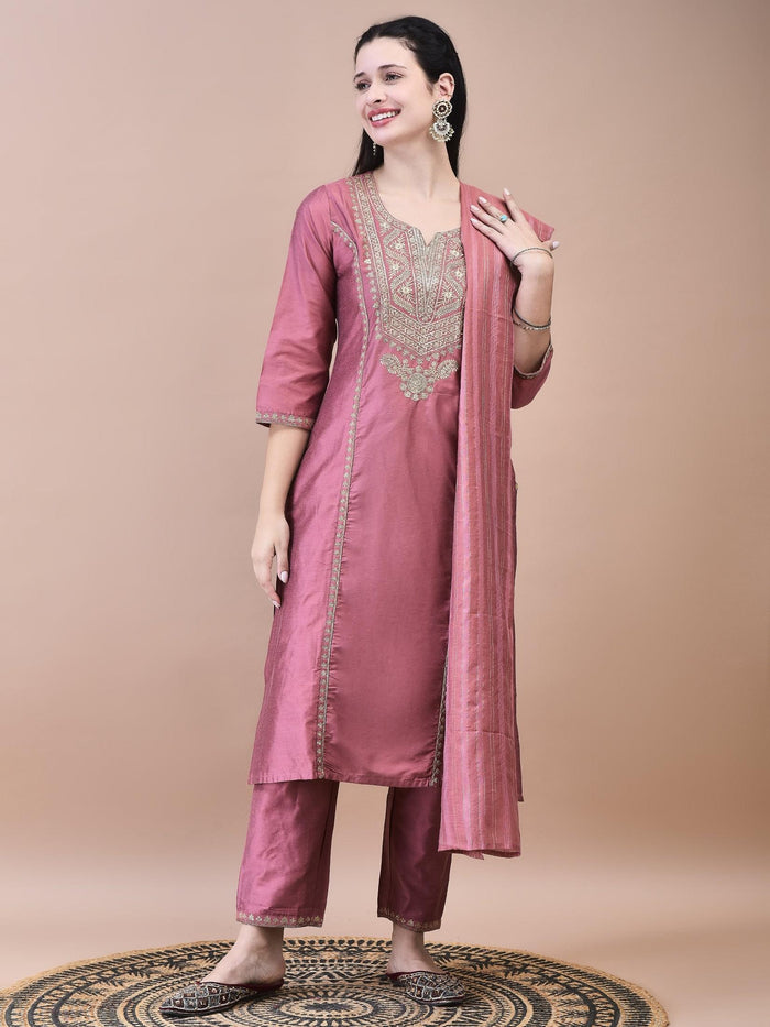 Women Silk Blend Pink Embroidered Kurta Trouser Chanderi Dupatta.