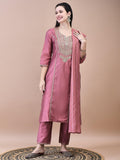 Women Silk Blend Pink Embroidered Kurta Trouser Chanderi Dupatta.