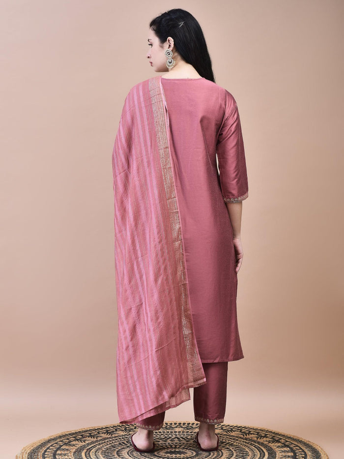 Women Silk Blend Pink Embroidered Kurta Trouser Chanderi Dupatta.