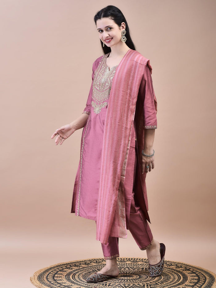 Women Silk Blend Pink Embroidered Kurta Trouser Chanderi Dupatta.