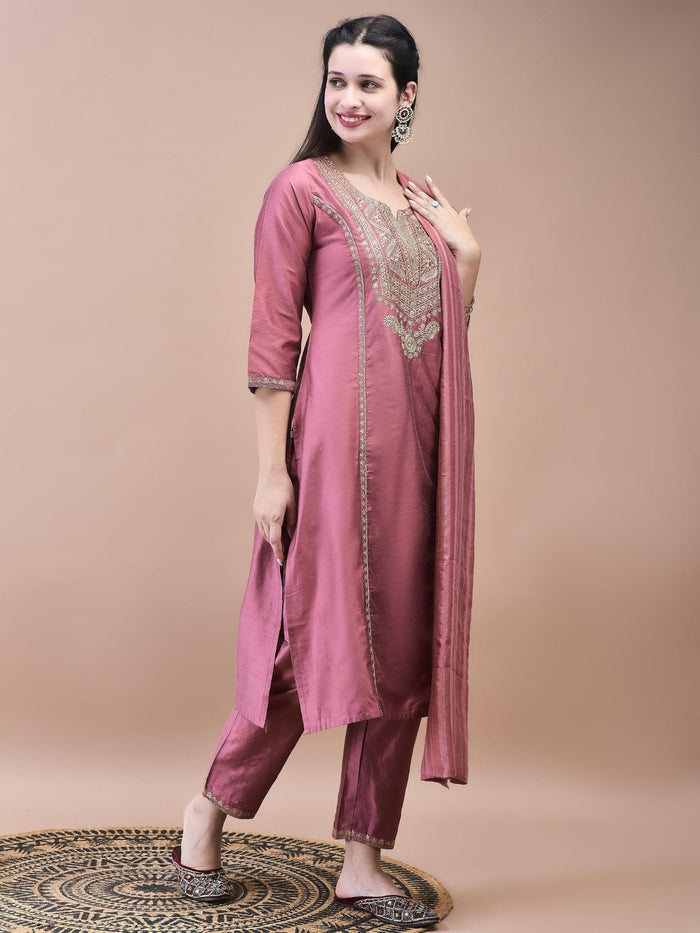 Women Silk Blend Pink Embroidered Kurta Trouser Chanderi Dupatta.