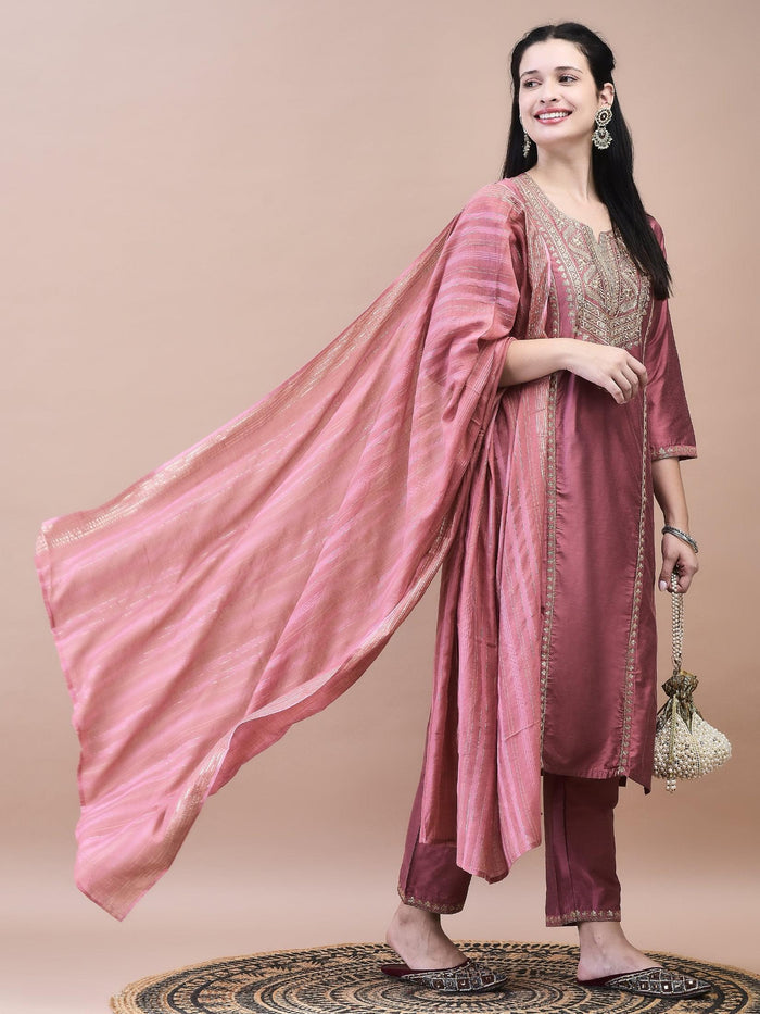 Women Silk Blend Pink Embroidered Kurta Trouser Chanderi Dupatta.