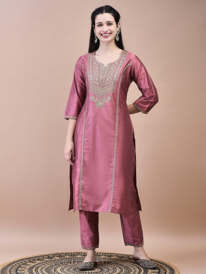 Women Silk Blend Pink Embroidered Kurta Trouser Chanderi Dupatta.
