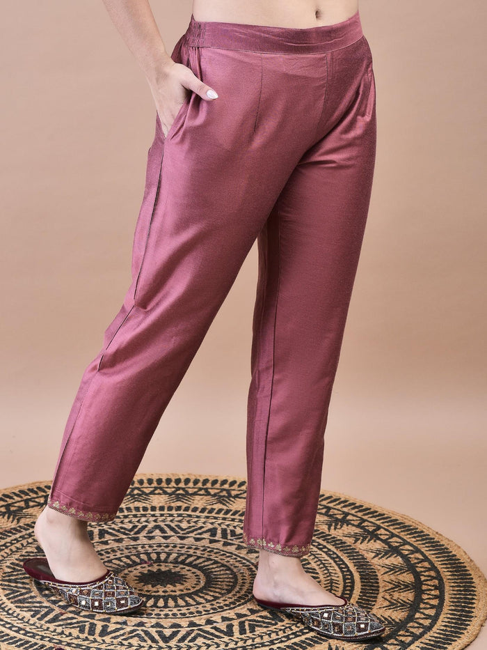 Women Silk Blend Pink Embroidered Kurta Trouser Chanderi Dupatta.