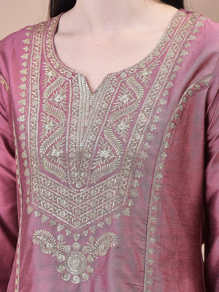 Women Silk Blend Pink Embroidered Kurta Trouser Chanderi Dupatta.