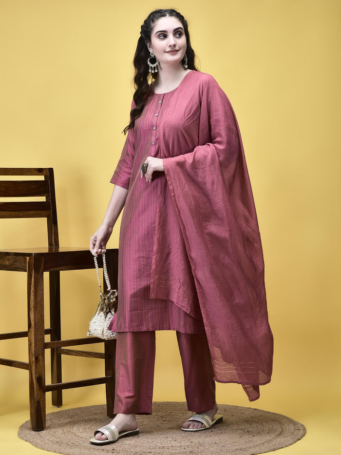 Women Silk Blend Pink Stripe Print Kurta Comfort Pant Dupatta.