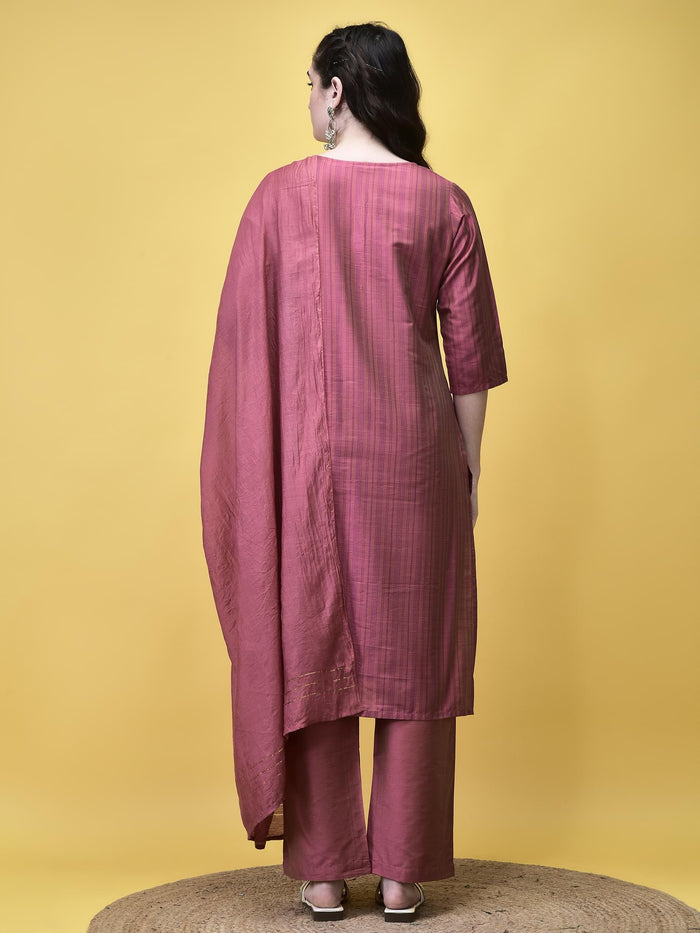 Women Silk Blend Pink Stripe Print Kurta Comfort Pant Dupatta.