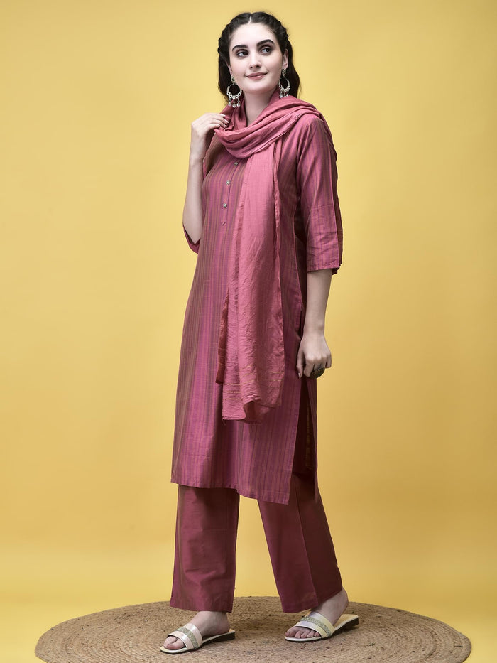 Women Silk Blend Pink Stripe Print Kurta Comfort Pant Dupatta.