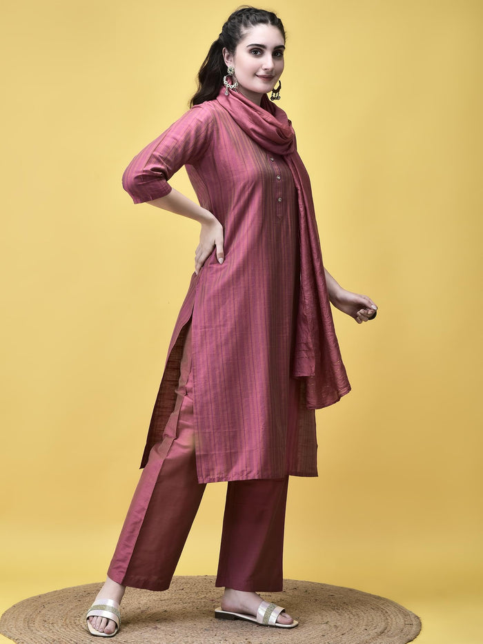 Women Silk Blend Pink Stripe Print Kurta Comfort Pant Dupatta.