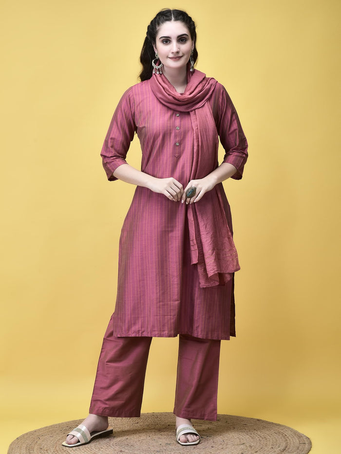 Women Silk Blend Pink Stripe Print Kurta Comfort Pant Dupatta.