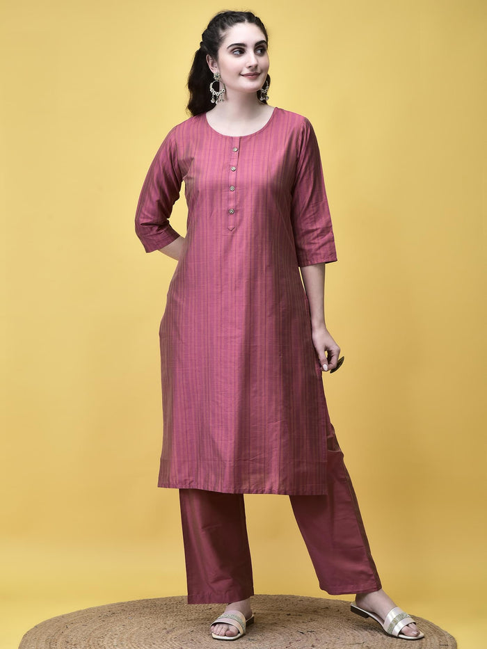Women Silk Blend Pink Stripe Print Kurta Comfort Pant Dupatta.