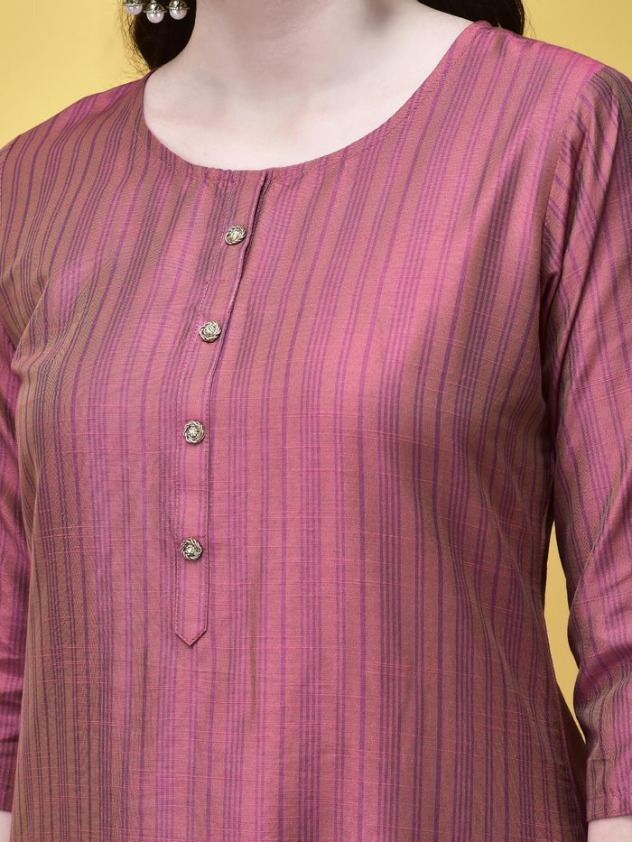 Women Silk Blend Pink Stripe Print Kurta Comfort Pant Dupatta.