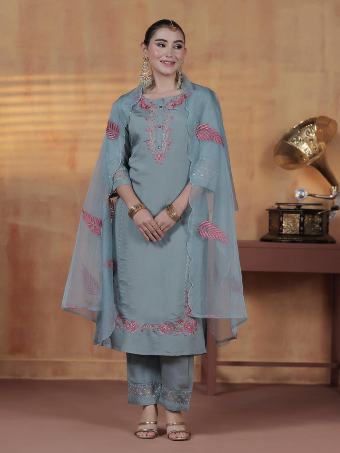 Women Silk Blend Powder Blue Embroidered Kurta Comfort Pant Dupatta.