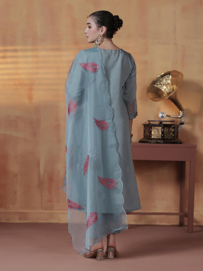Women Silk Blend Powder Blue Embroidered Kurta Comfort Pant Dupatta.