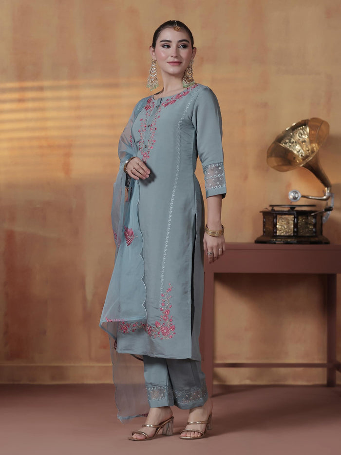 Women Silk Blend Powder Blue Embroidered Kurta Comfort Pant Dupatta.