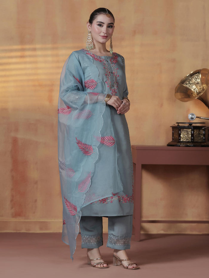 Women Silk Blend Powder Blue Embroidered Kurta Comfort Pant Dupatta.