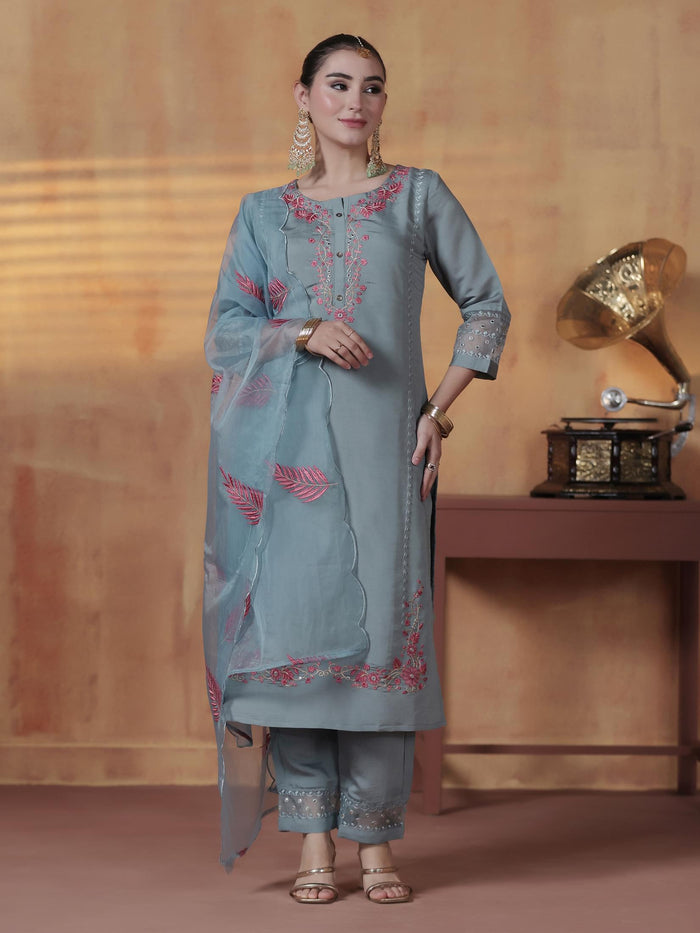 Women Silk Blend Powder Blue Embroidered Kurta Comfort Pant Dupatta.