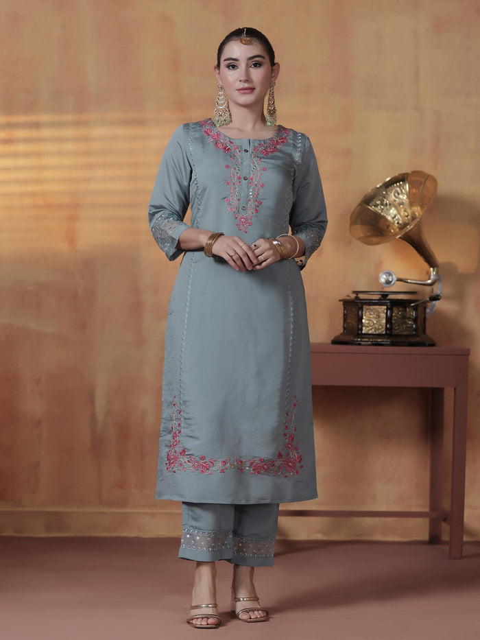 Women Silk Blend Powder Blue Embroidered Kurta Comfort Pant Dupatta.