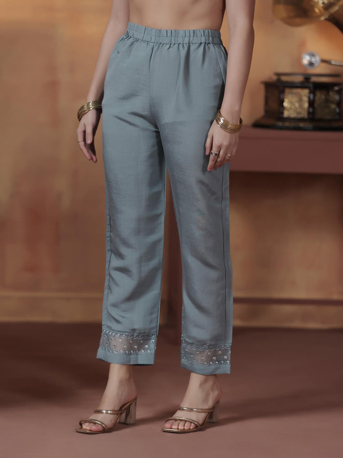 Women Silk Blend Powder Blue Embroidered Kurta Comfort Pant Dupatta.